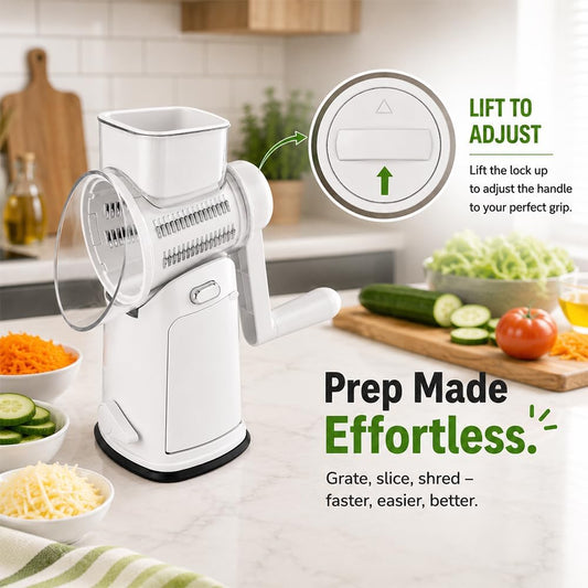 Rotary Cheese Grater with Hand Crank - Cheese Shredder with 5 Interchangeable Stainless Steel Blades, Suction Base & Ergonomic Handle | Vegetable Slicer, Food Grater for Cheese, Nuts & Chocolate