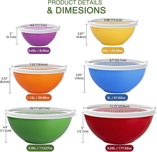 Plastic Mixing Bowls with Lids Set for Kitchen, 6 Set Nesting Bowls for Mixing, Baking, Prepping, Cooking and Serving Food, Mixing Bowls Dishwasher, Microwave Safe