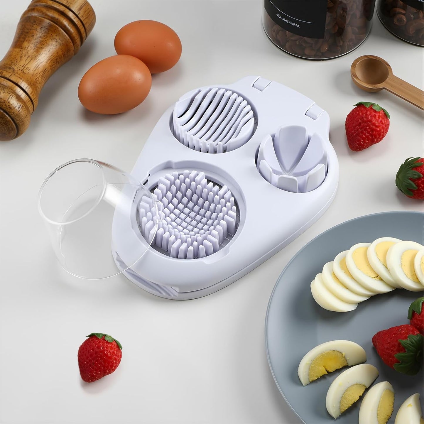 3 in 1 Egg Slicer for Hard Boiled Eggs Stainless Steel Egg Cutter White Kitchen Dicer Chopper Tool for Strawberry Grape Cherry Banana Butter Mushroom Tomato