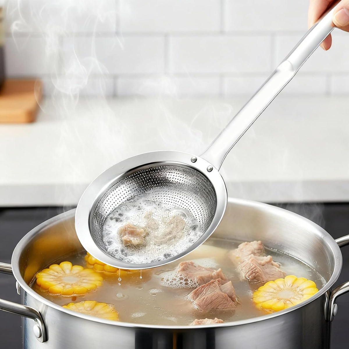 Skimmer Spoon Filter Grease Foam Fine Mesh Stainless Steel Sieve Colander, Extra Fine Strainer With Handle Handheld Fry Oil Filter for Cooking Sieve Spoon for Food Strainer Kitchen Gadget (Large)