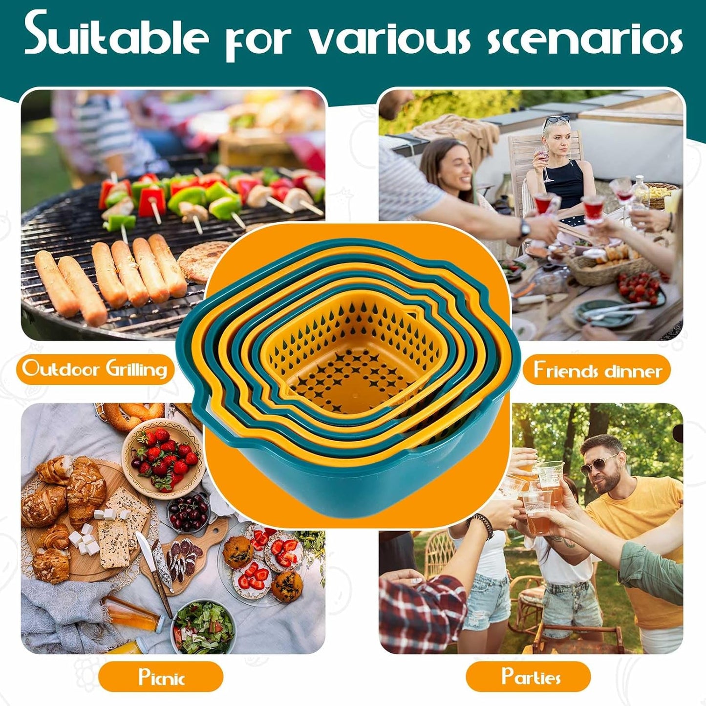 8 Pcs Drain Colander Bowl Set Fruits and Vegetable Washing Strainer Detachable Double-layer Plastic Kitchen Food Basket, Kitchen Essential Gadgets (Orange, Green)