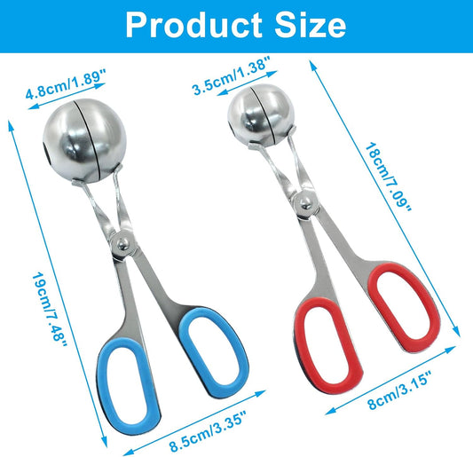 Meatball Maker, 2Pcs, Red + Blue, 1.38" + 1.89" | Non-stick, Stainless Steel, Meat Baller Tongs, Cake Pop & Cookie Dough Scoop