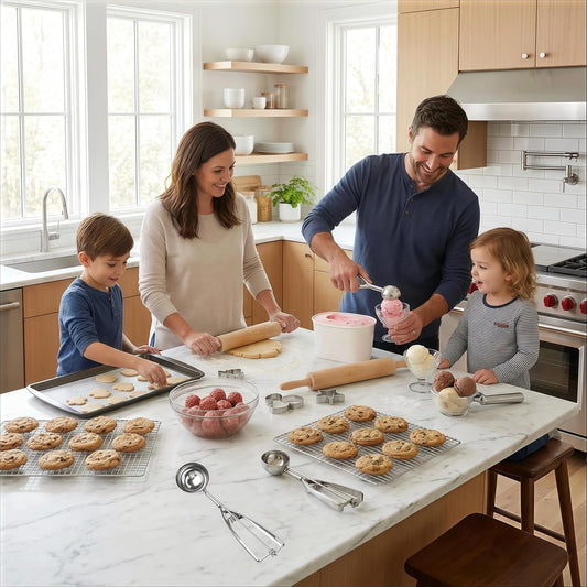 6-Piece Ice Cream Scoop Set, 3 Sizes with Serving Utensils | Easy-release stainless steel scoops provide even portions for ice cream, cookie dough, meatballs, melon, and desserts.