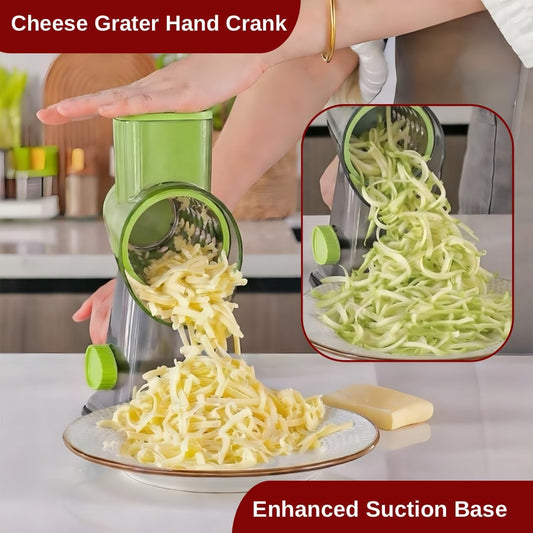 Cheese Grater Hand Crank - Rotary Cheese Shredder - 3 Interchangeable Stainless Steel Blades & Strong Suction Base - Parmesan Vegetable Grater - Manual Kitchen Vegetable Slicer