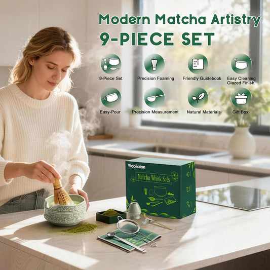 Matcha Whisk Set, 9 Pcs Matcha Set Kit for Ceremony Includes Ceramic Matcha Bowl, Holder, Bamboo Whisk & Scoop, Measuring Spoon, Scoop Rest, Sifter, Tea Towel, Handbook - Ideal Gift for Matcha Lovers