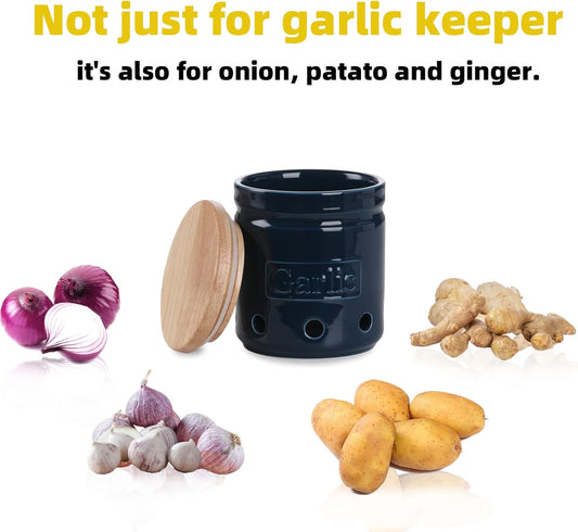 Garlic Keeper with Wooden Lid, 4.5-Inch Ceramic Garlic Holder 24oz (Navy)