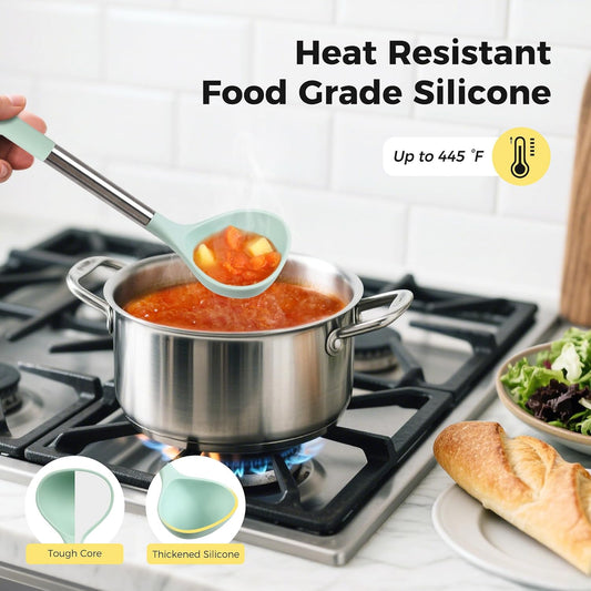 28 Pcs Silicone Cooking Utensils Set with Stainless Steel Handle, 446℉ Heat-Resistant Kitchen Utensils Set with Holder, Dishwasher Washable Silicone Spatula for Non-stick Cookware (Light Green)