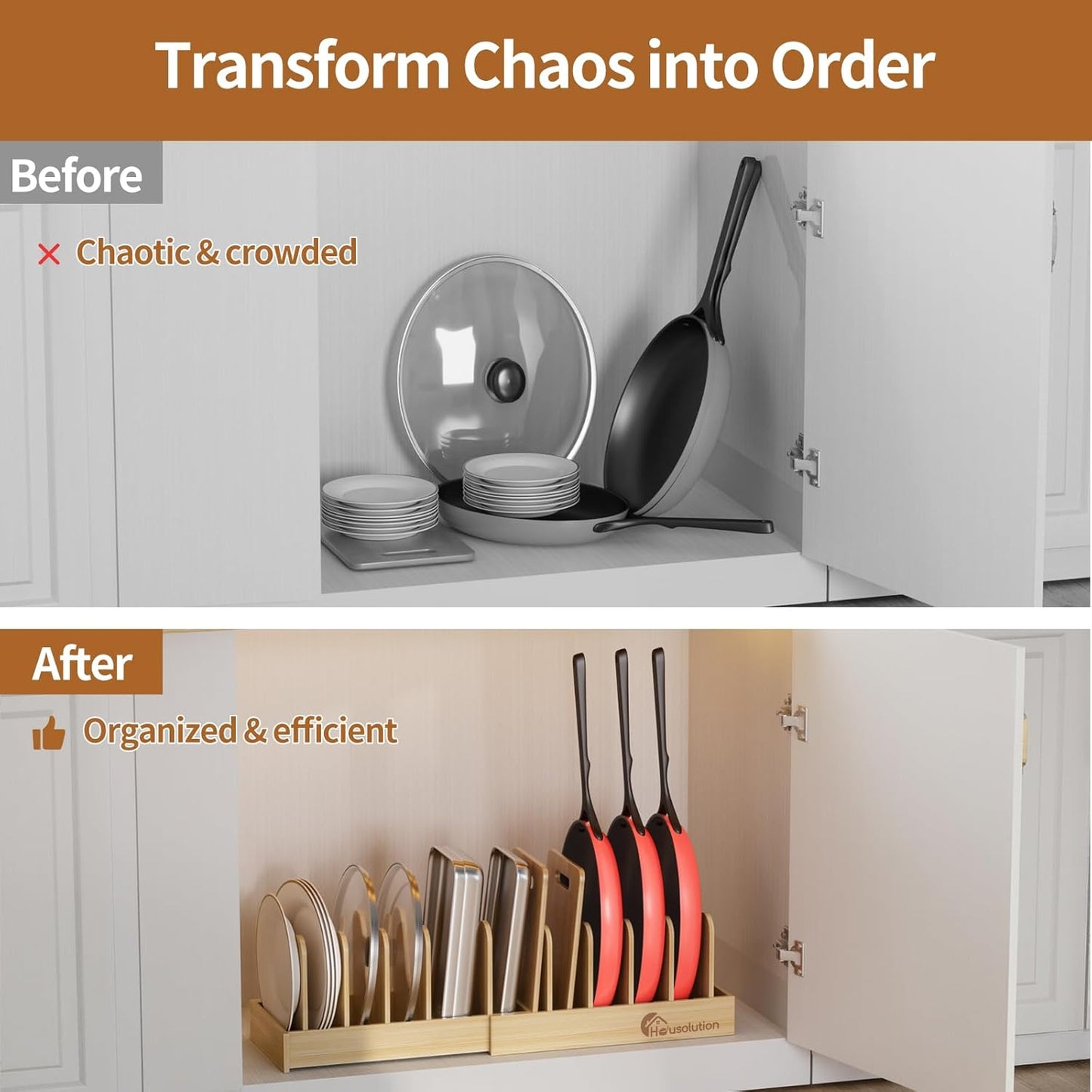 Bamboo Pot and Pan Lid Organizer Holder Storage Rack | 15"-29" Expandable, 10 Adjustable Dividers, Upgrade Solid Wooden Base, Easy Assembly
