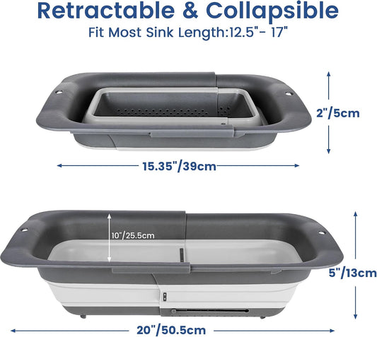 Collapsible Colander Strainer, Expandable Over the Sink Colander for Kitchen, Adjustable Silicone Sink Strainer, Foldable Large Colanders Basket to Wash Vegetable, Fruit, 15" to 19.8", Gray