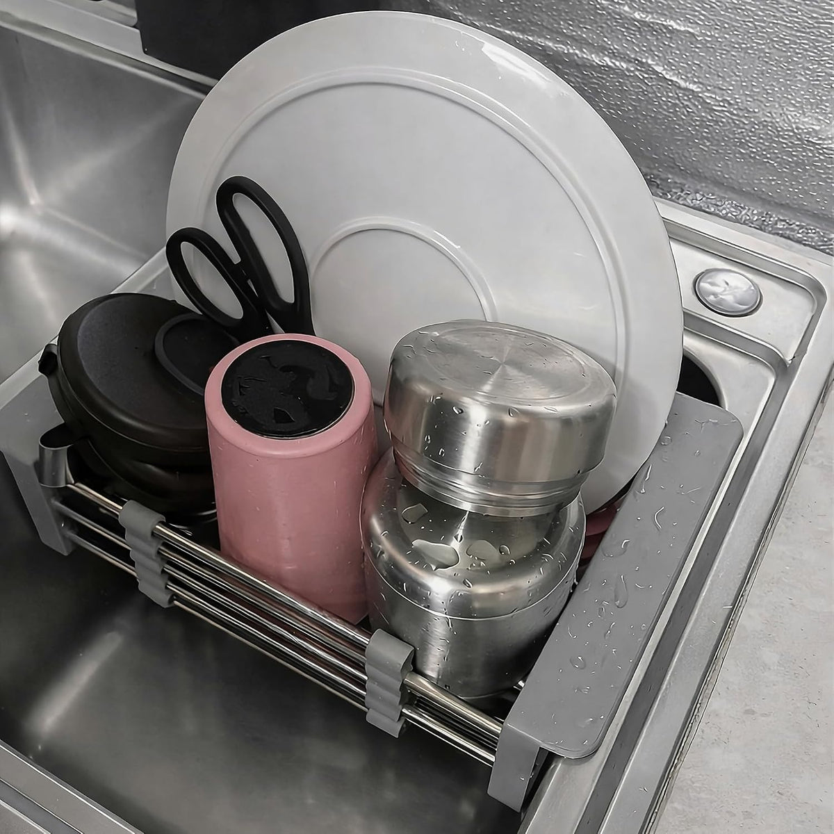 Extend Kitchen Sink Drain Basket, Adjustable Dish Drying Rack Over The Sink, Stainless Steel Kitchen Retractable Drain Sink Accessories Portable & Telescopic Space-Saving Extender for Vegetable, Fruit
