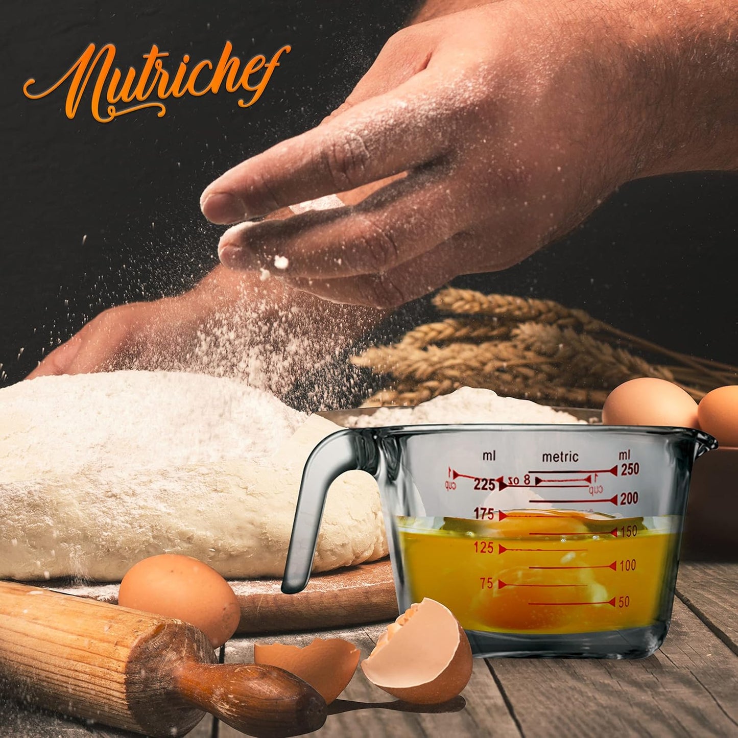 NutriChef 250 ml. Glass Measuring Cup - 8.62 oz Premium Heat Resistant Glass Cup, with Customized Decal Scale, Oven and Dishwasher Safe, Curved Spout for Precise Pouring