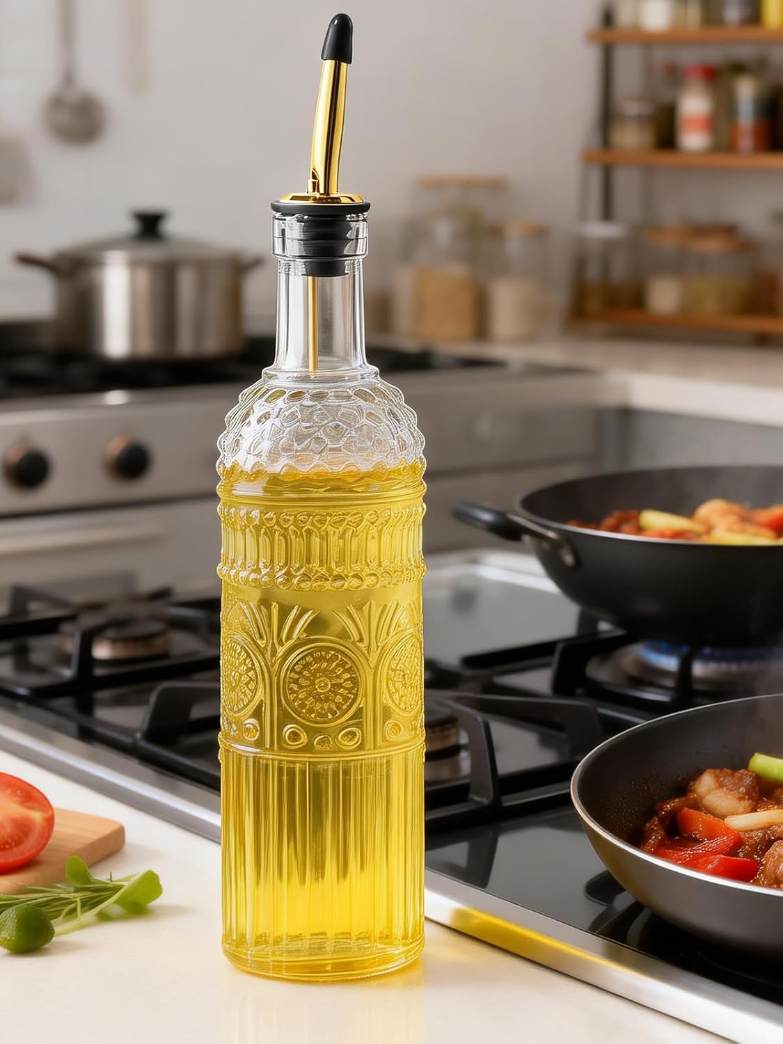 2 Pcs Olive Oil Dispenser Bottle for Kitchen,17oz Clear Glass Cooking Oil and Vinegar Dispenser Set, Coffee Syrup Dispenser with 2 Pourers and 1 Funnel (Two squares)