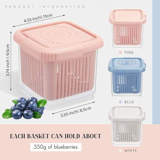Set of 3 Berry Containers for Fridge, 1-Quart Berry Basket with Removable Colander, Kitchen Fruit Baskets for refrigerator, for Strawberry, Grape, Cherry, Berries Fresh longer