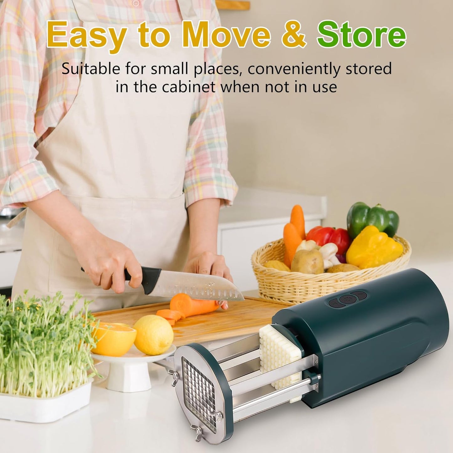 Electric French Fry Cutter, 1/2 & 3/8 Inch Interchangeable Stainless Steel Blades Automatic Potato Cutter, Commercial & Household Potato Slicer, Use for Potatoes Onion Cucumbers