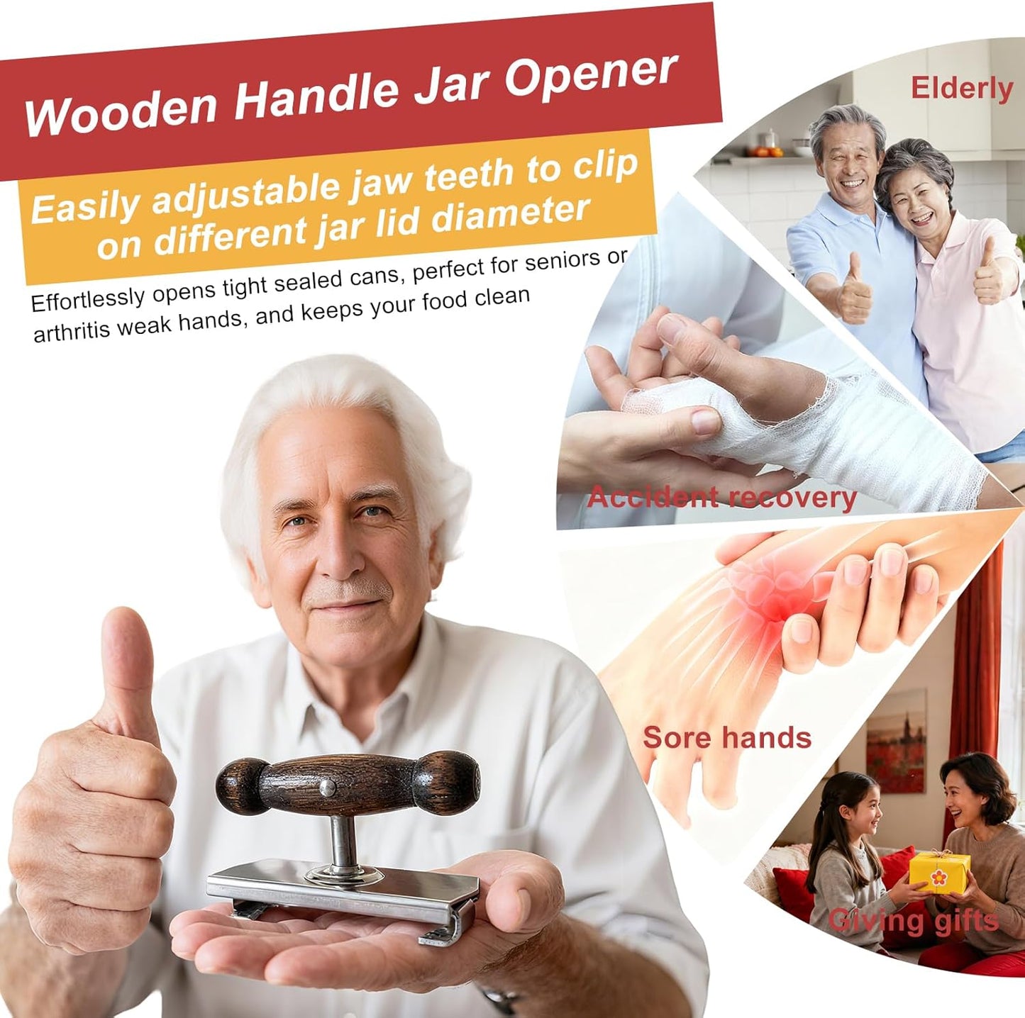 Jar Opener for Seniors with Arthritis, Adjustable Stainless Steel Lid Opener for Weak Hands, Manual Cap Crack Grip Tool with Ergonomic Oak Handle, Fits 1.5 to 4 Inch Jars & Bottles