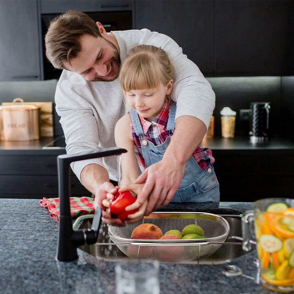 Over The Sink Colander, 6 Quarts Stainless Steel Oval Colander with Expandable Rubber Grip Handle, Fine Mesh Strainer Baskets Kitchen Colanders for Strain, Drain, Rinse Vegetable, Fruits, Beige