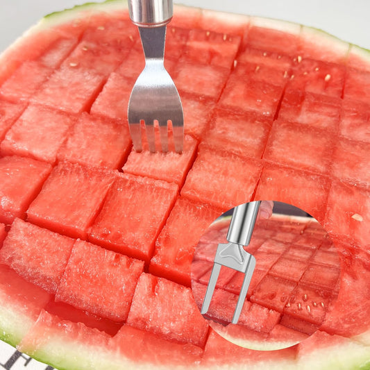 2-in-1 Watermelon Slicer & Fork – Stainless Steel Fruit Cutter Tool for Watermelon, Mango, Pitaya – Portable for Camping, Picnics, Home, Parties – Effortless Cubes & No Mess