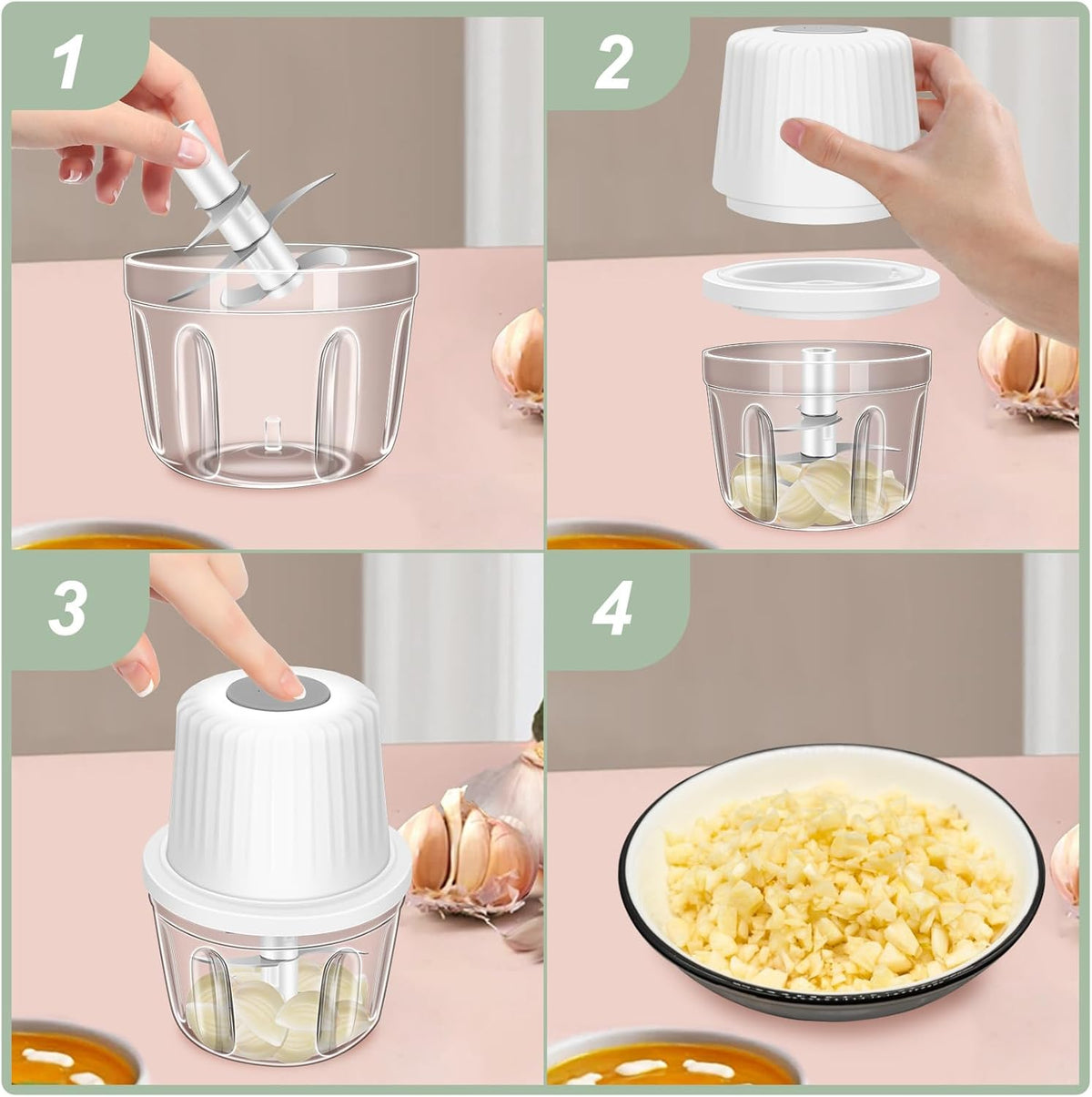Electric Garlic Chopper, 250ML Garlic Mincer with Egg Beater | Mini Portable Vegetable Chopper, Onion Grinder Masher, USB Small Food Processor for Veggie, Garlic, Ginger, Chili(Green)