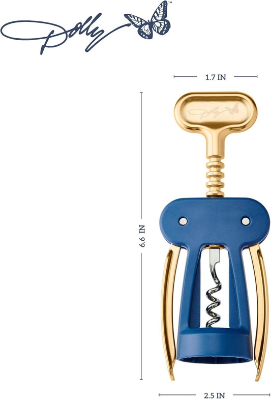 Wing Corkscrew, Blue and Gold Wine Bottle Opener with Ergonomic Grip, Stylish and Easy One-Piece Cork Removal, 2.55 x 1.71 x 6.69 Inch