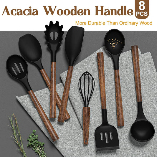 Silicone Cooking Utensil Set, 8-Piece Kitchen Utensils Set with Natural Acacia Wooden Handles,Food-Grade-Silicone Kitchen Gadgets Spatulas Set for Nonstick Cookware- Black