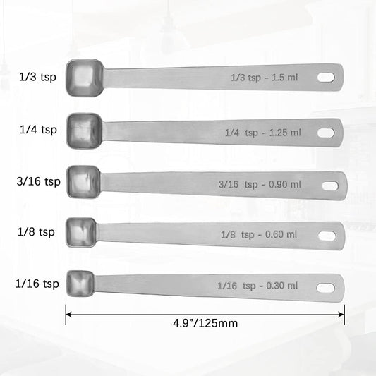Mini Measuring Spoon Set, Square Head Small Teaspoon for Tiny Measurement | 1/3, 1/4, 3/16, 1/8, 1/16tsp, Stainless Steel, Rust-Free, Dishwasher-Safe, High Precision, Easy-Read Markings
