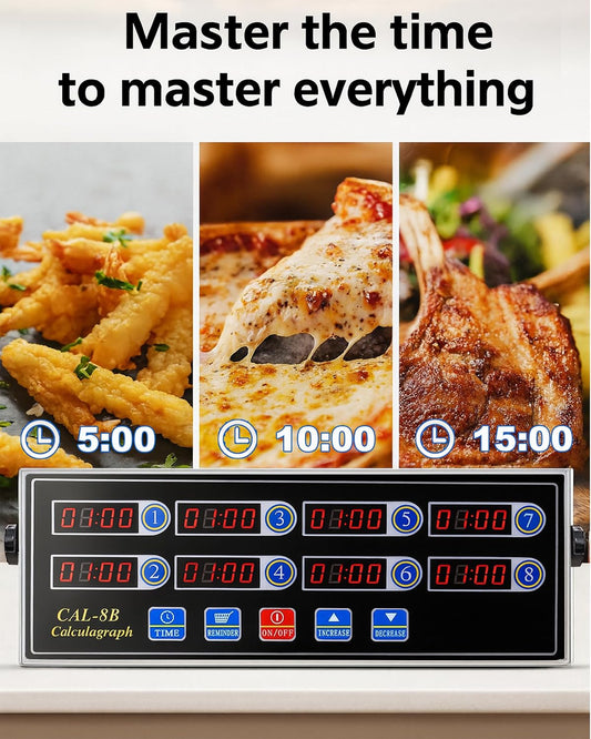 Commercial 8 Channels Digital Kitchen Timer, Stainless Steel Calculagraph Timer with Loud Alarm for Restaurant, Clock Reminder on Multiple Events