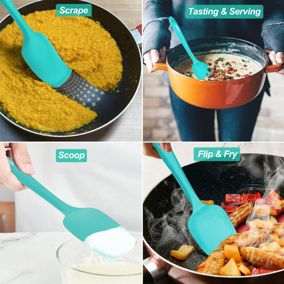 Silicone Spoon Spatula Curved Shap 600°F Heat Resistant Spoonula, 3 Pack