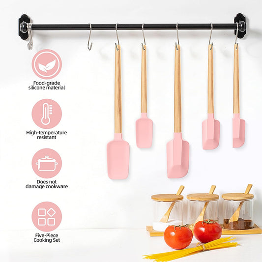 Wooden Handle Silicone Rubber Spatula Set 5 Piece for Kitchen Baking, Jars,Cooking, and Mixing High Heat Resistant Non Stick Dishwasher Safe BPA-Free (Pink)