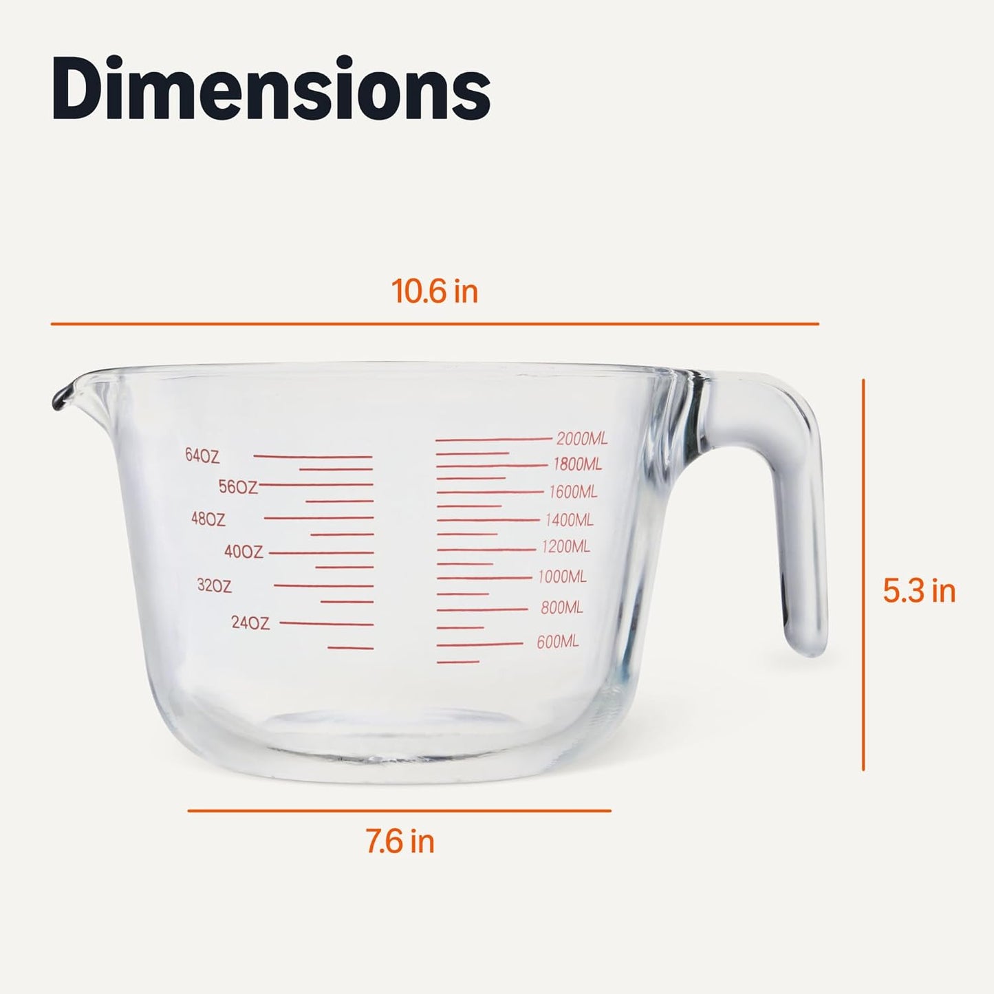 Large Size Glass Measuring Cup, 8 Cup, Easy-to-Read Markings, Dishwasher/Microwave/Freezer/Oven Safe (Previously AmazonCommercial)