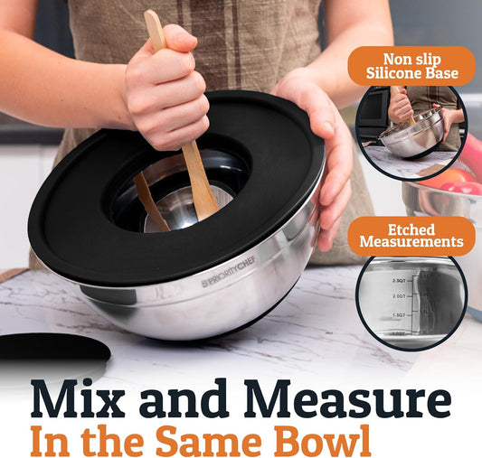 6pc Stainless Steel Mixing Bowls with Lids Set, 7 Qt, Black | Non-Slip Nesting Bowls, 3 Graters and Interior Measurement Marks; For Meal Prep, Baking and Airtight Fridge Storage