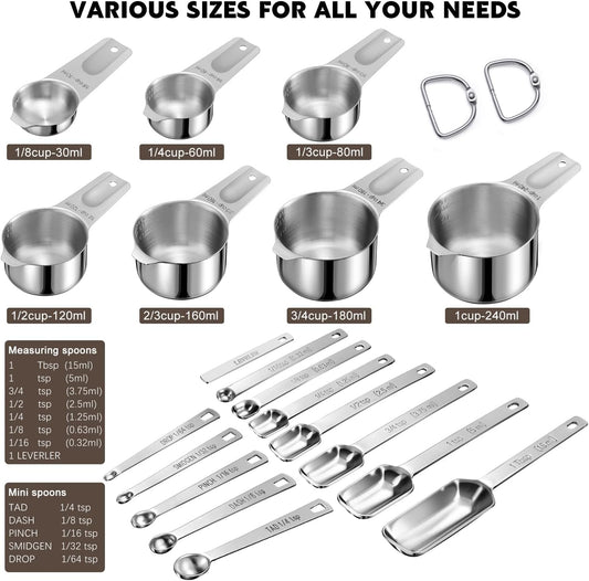 20PCS Measuring Cups and Spoons Set, Stainless Steel,with Leveler | 304 food-grade steel, dual-scale markings, one-piece construction, nesting storage, dishwasher safe, dry & liquid ingredients