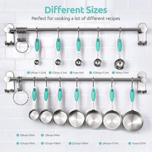 Metal Measuring Cups Spoons Set, Upgraded Handle, 12Pcs, Aqua Sky | Food-Grade 18/8 Stainless Steel Kitchen Measuring Set, Reinforced Welded Joints, Nested Stackable Design, Dishwasher Safe