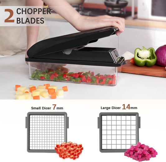 Professional Multifunctional Vegetable Chopper Pro Food Chopper with Food Storage Containers, Mandoline Slicer Onion Dicer Fruit Cutter, Kitchen Gadgets and Home Essentials(7 in 1, Black)