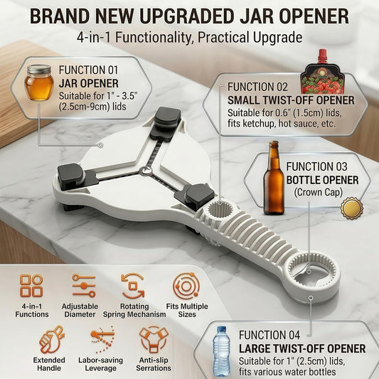 4-in-1 Adjustable Jar Opener for Weak Hands & Seniors — Ergonomic Non-Slip Handle, Multi-Size Lid Remover for Mason Jars, Bottles & Cans (Grey)