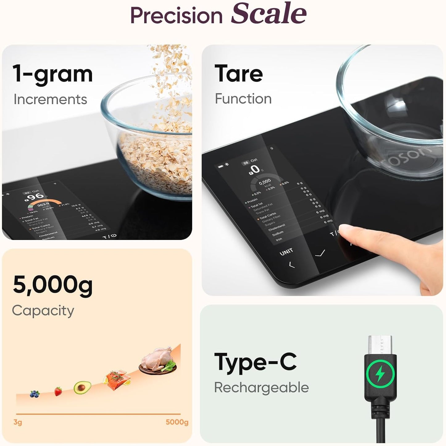Smart Food Scale with Nutritional Calculator, USB Rechargeable, 11lb | AI Food Scan, Barcode Scan, 50 Food Preload, Free APP with 19 Nutrients, Calorie & Macro Tracking for Weight Loss