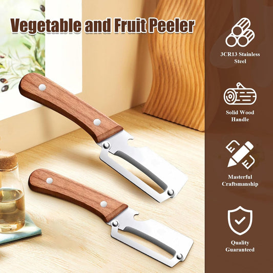 2-in-1 Multifunctional Vegetable Peeler for Kitchen with Ultra-Sharp Stainless Steel Blade & Ergonomic Wood Handle - Effortlessly Peel Potatoes, Apples, Carrots and Open Wine Bottles