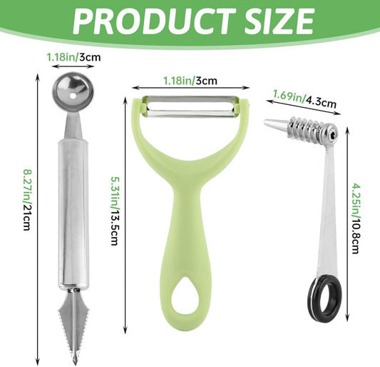 3 in 1 Spiral Vegetable Cutter Set, Stainless Steel Spiral Slicer for Potato, Boiled Egg, Tomato, V-Shaped Carving Tool & Fruit Peeler, Multi-Purpose Kitchen Accessories Tool for Cucumbers and Carrots