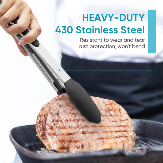 12-Inch Kitchen Tongs for Cooking with Silicone Tip,Black | 600℉ Heat-Resistant,Stainless Steel Locking Cooking Tongs Food Tongs for BBQ/Cooking/Salad/Serving Food,Heavy Duty,Non-Stick