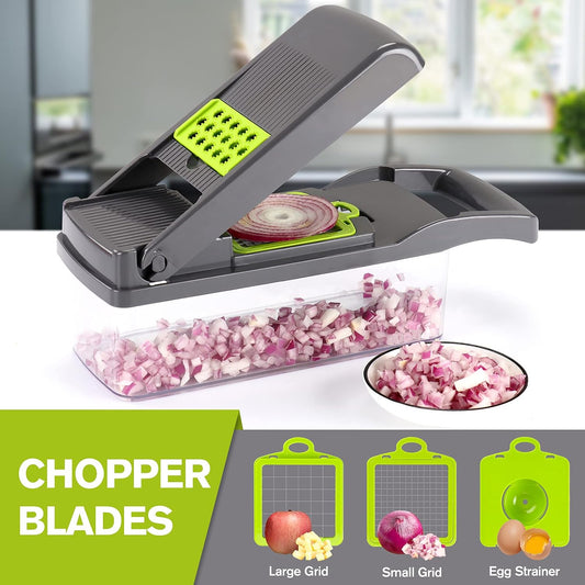 Vegetable Chopper Mandoline Slicer Grey - 12 in 1 Interchangeable Blades Food Chopper with Container, Hand Guard & Drainer, Veggie Dicer Kitchen Gadget for Onion, Cucumber, Tomato, Fruit