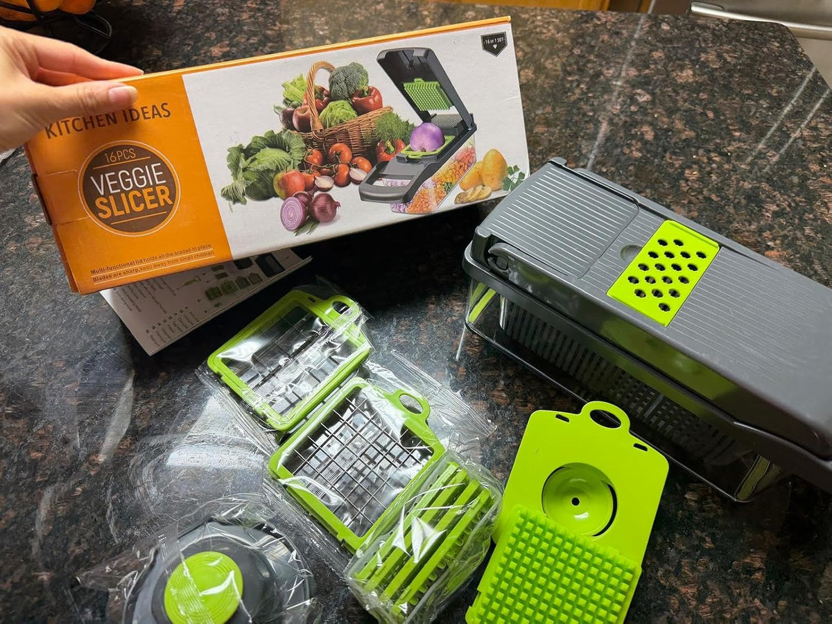 Multifunctional Vegetable Chopper with Container, Manual Food Slicer Dicer, Kitchen Veggie Cutter for Onion Garlic Potato Salad, Stainless Steel Blades, Gray and Green