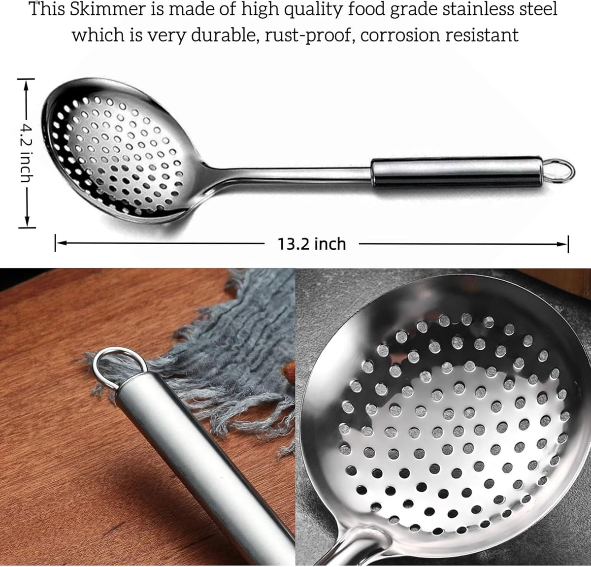 13.2" Stainless Steel Cooking Skimmer Spoon Metal Slotted Spoon for Straining, Ideal for Frying, Skimmer Ladle Sspoons Kitchen Utensils Fryer Scoop