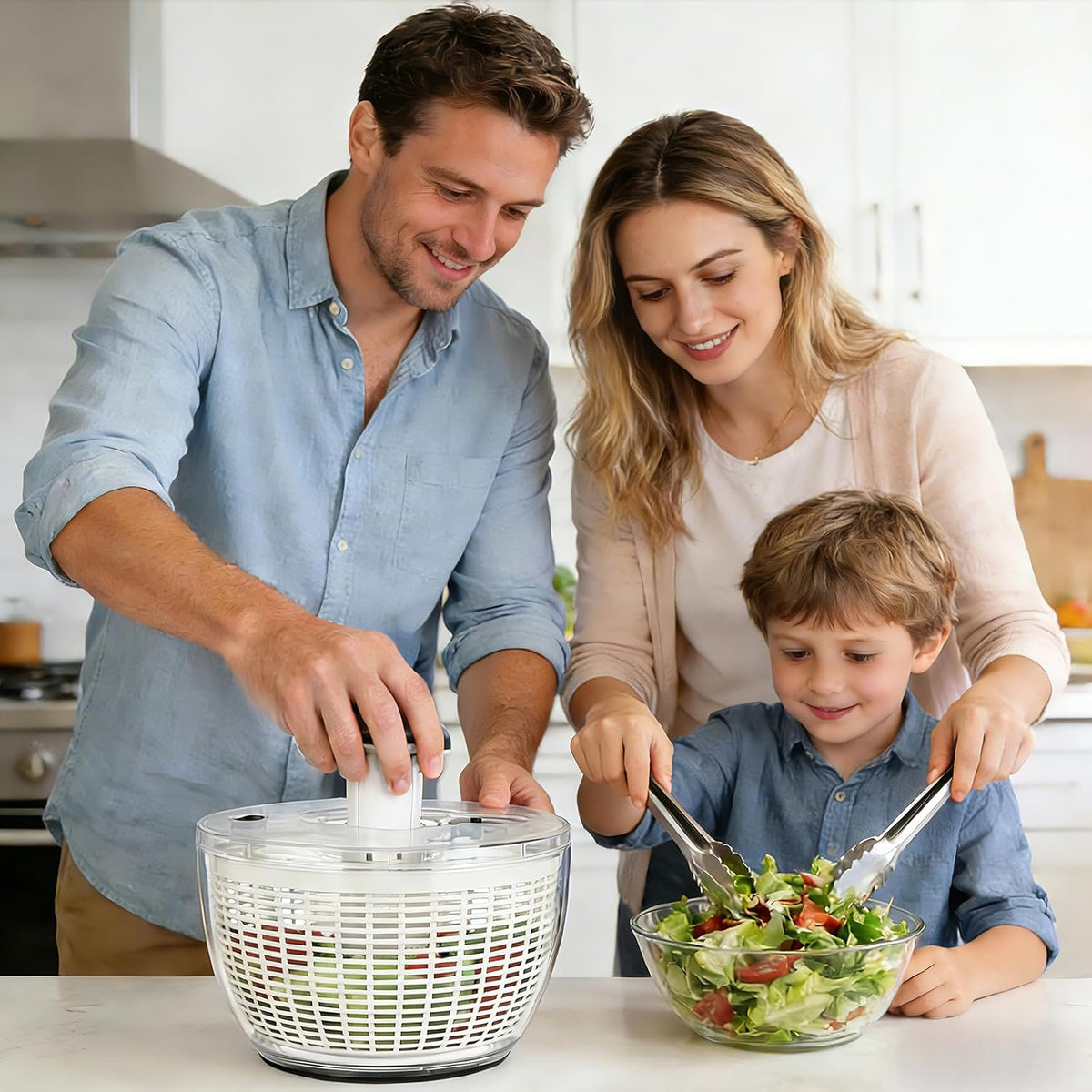 6.3 QT Stainless Steel Salad Spinner, Large Lettuce Spinner with One-Hand Press Pump, Brake Button, Non-Slip Base and Retractable Handle, Vegetable Washer & Dryer for Greens, Fruits and Herb