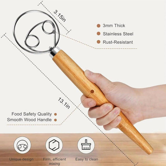 Danish Dough Whisk, 13-inch wood handle Stainless Steel Dough Hook Dutch Whisk for Bread Sourdough Mixer Hand Wooden Handle Kitchen Whisking Mixing Tool