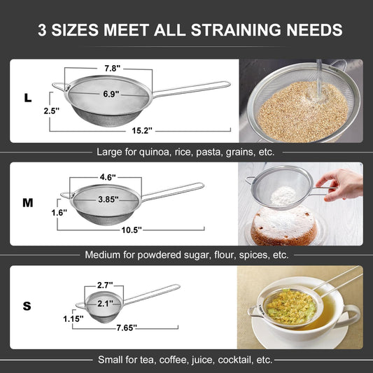 Fine Mesh Strainers Set, Premium Stainless Steel Colanders and Sifters, with Reinforced Frame Sturdy Handle, Perfect for Sift, Strain, Drain Rinse Vegetables, Pastas Tea - 3 Sizes