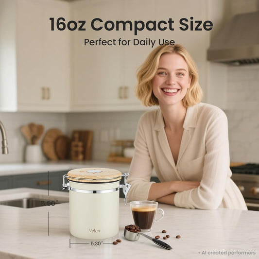 Coffee Canister, Airtight Stainless Steel Food Storage Container,16OZ | Date Tracker, Kitchen Jars for Beans,Ground, Espresso, Rice,Tea, Sugar,Cereal,Cookie, Bar Accessories,Gifts, Lids,Scoop,Cream