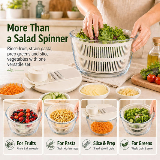 Borosilicate Glass Large Salad Spinner Vegetable Washer 5.2 Quart BPA-Free Slicer Drain with 5 Chopping Blades Dishwasher Safe Handle Washing and Dehydrating Lettuce Fruit Veggie Bowl