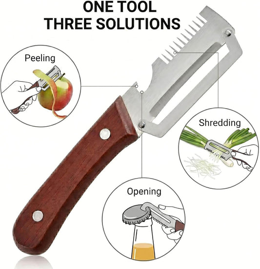3-in-1 Stainless Steel Vegetable Peeler and Shredder, 1pcs | Wood handle, built-in bottle opener, cleaning brush included; compact tool for cooking, BBQ, camping, and meal prep.