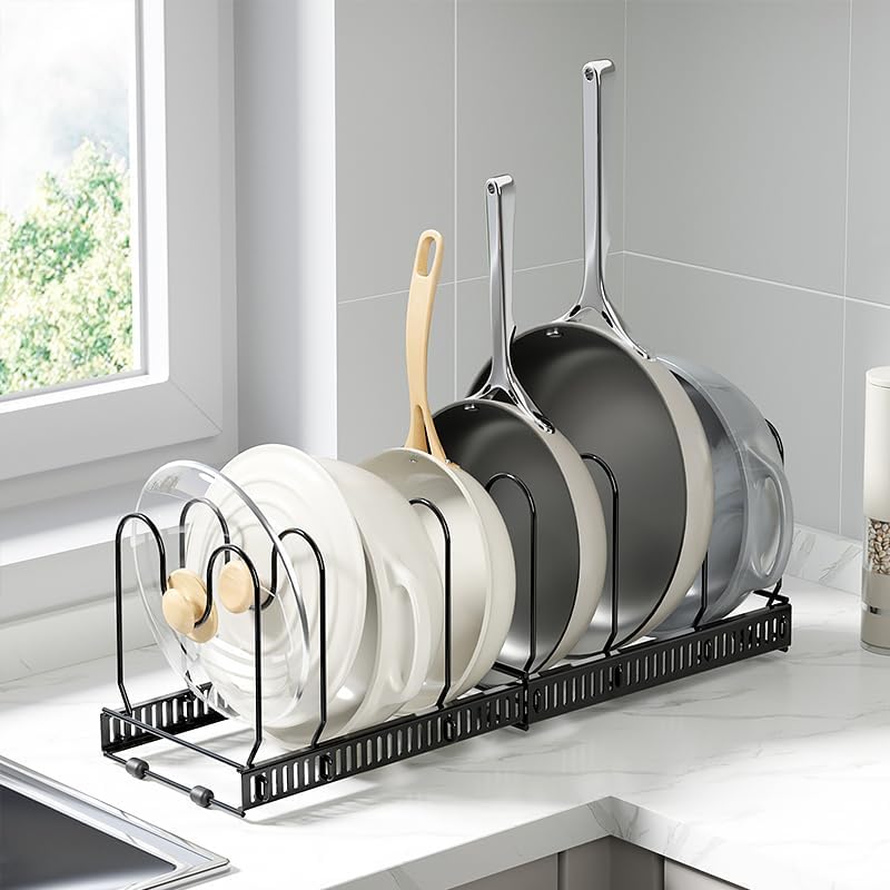 Expandable Pots and Pans Organizer Rack, Pot Lid Kitchen Cabinet Organizer Holder with 10 Adjustable Compartment, Cookware Rack for Kitchen Cabinet Storage, Black