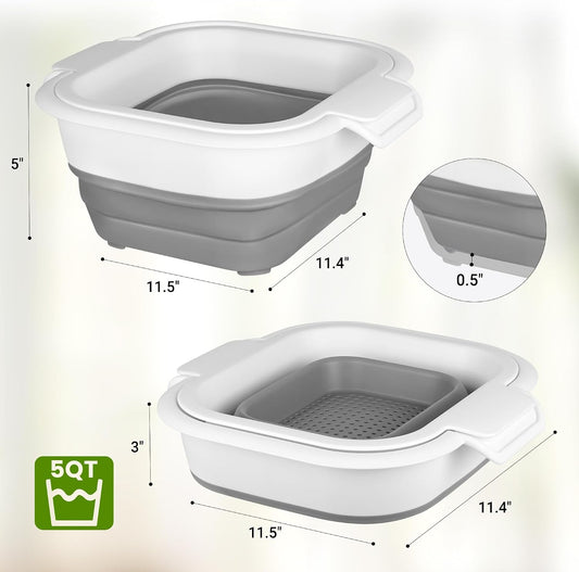 Collapsible Colander Set with Strainer Bowl, 2 in 1 Fruit Washing Basket with Strainer, 5 + 3 QT Plastic Colanders for Kitchen, Foldable Double Layered Colanders Bowl for Vegetable, Grey