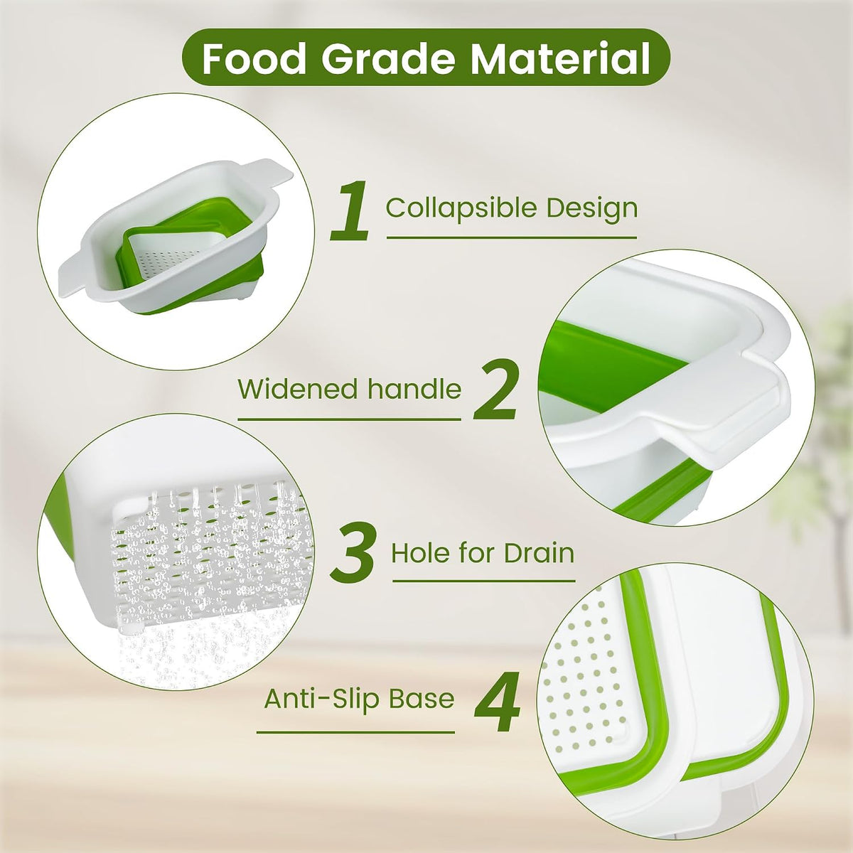 Collapsible Colander Set with Strainer Bowl, 2 in 1 Fruit Washing Basket with Strainer, 5 + 3 QT Plastic Colanders for Kitchen, Foldable Double Layered Colanders Bowl for Vegetable, Grey